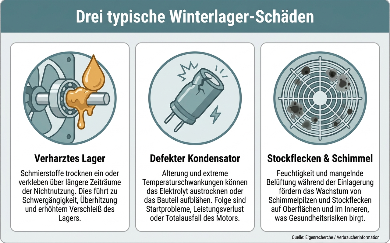 Infografik: drei typische Schäden am eingelagerten Ventilator – verharztes Lager, defekter Kondensator, Stockflecken und Schimmel – mit deutschen Beschriftungen