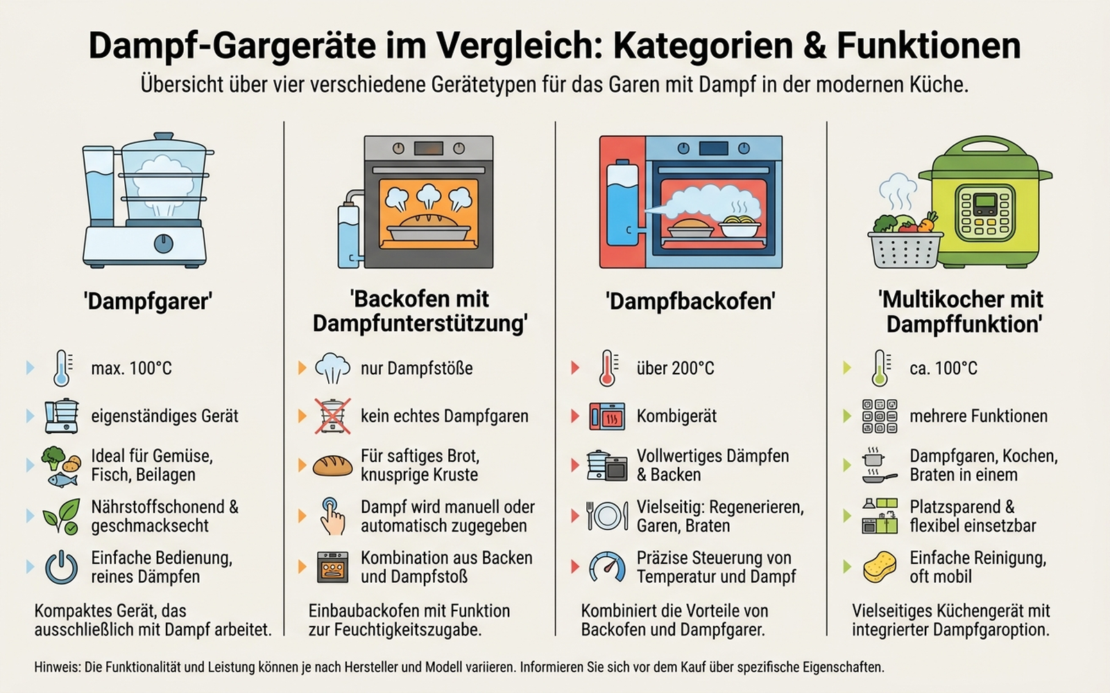 Infografik: Technologie-Vergleich Dampfgarer, Backofen mit Dampfunterstützung, Dampfbackofen und Multikocher mit Dampffunktion nach maximaler Temperatur, Funktionsumfang und Platzbedarf