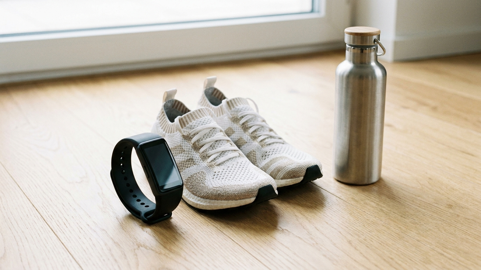 Fitnessarmband liegt neben Laufschuhen und einer Trinkflasche auf einem hellen Holzboden