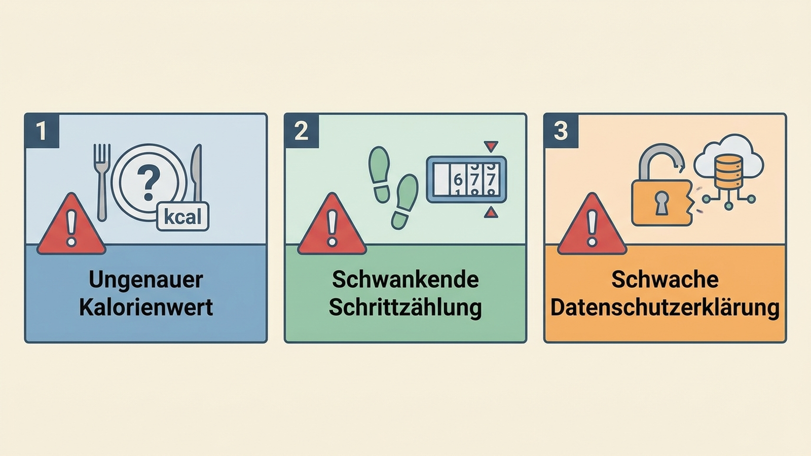 Diagramm: Drei Gründe gegen ein eigenes Fitnessarmband – ungenauer Kalorienwert, schwankende Schrittzählung, schwache Datenschutzerklärung