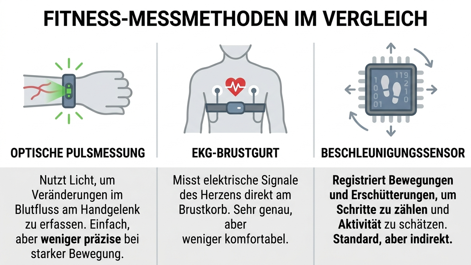 Infografik: Drei Messmethoden im Vergleich – optischer Pulssensor am Handgelenk, EKG-Brustgurt und Beschleunigungssensor für Schrittzählung