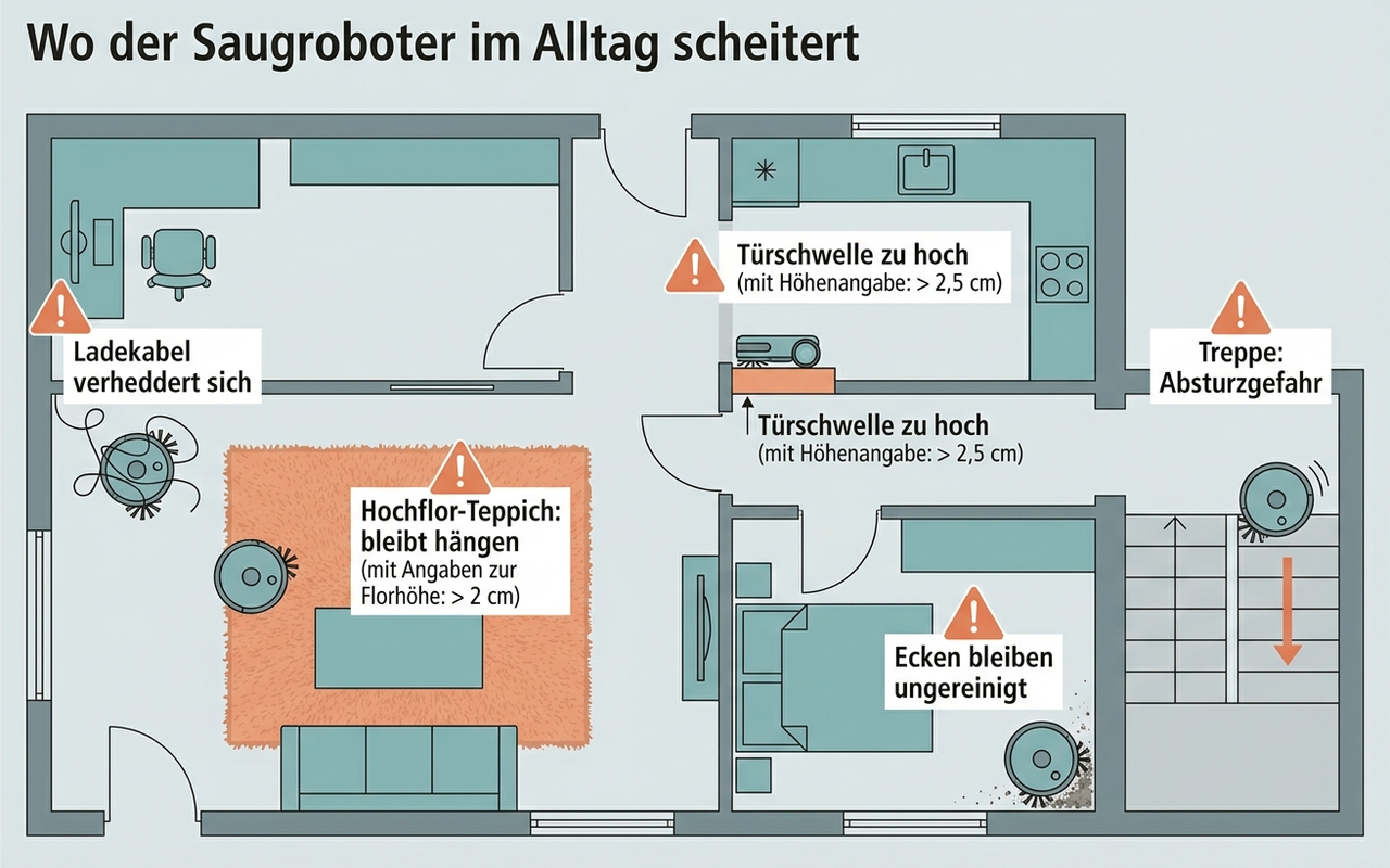 Infografik: Wohnungsgrundriss mit den typischen Problemzonen, an denen ein Saugroboter im Alltag scheitert – Ladekabel, Hochflor-Teppich, hohe Türschwelle, ungereinigte Ecken und Treppe als Absturzgefahr