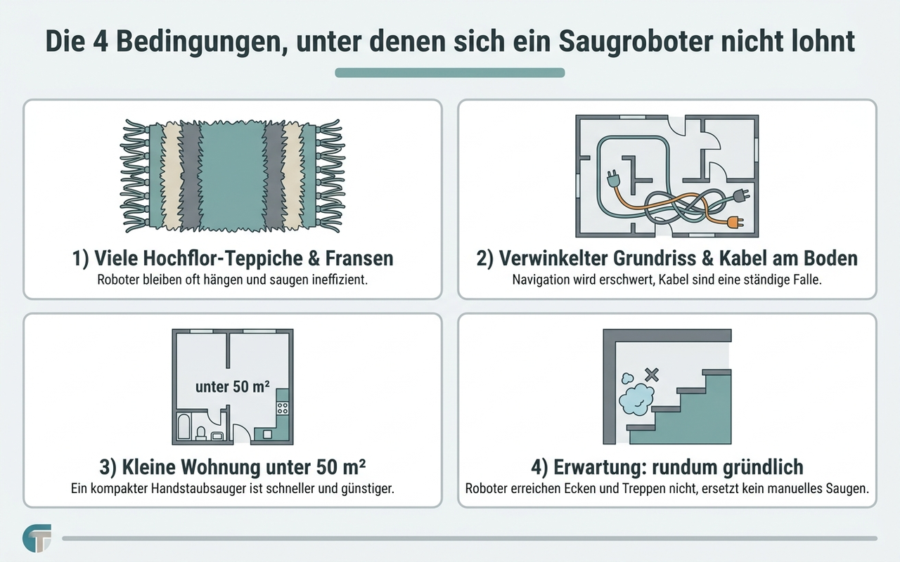 Infografik: Die vier Bedingungen, unter denen sich ein Saugroboter nicht lohnt – Hochflor-Teppiche, verwinkelter Grundriss mit Kabeln, kleine Wohnung unter 50 Quadratmetern, Erwartung rundum gründlicher Reinigung