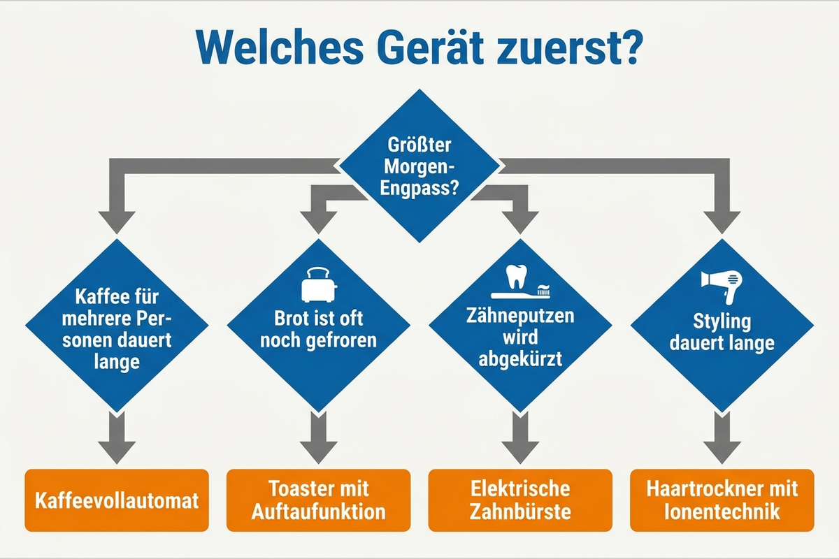 Entscheidungsbaum: Welches Zeitspar-Gerät nach der Elternzeit zuerst anschaffen, sortiert nach Budget und größtem Morgen-Engpass