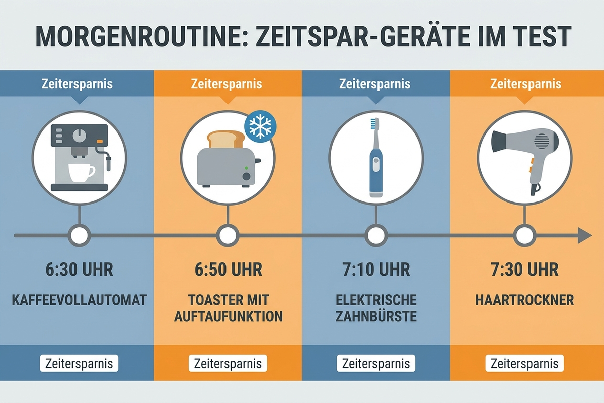 Zeitstrahl einer Morgenroutine von 6:30 bis 7:30 Uhr mit vier Zeitspar-Geräten: Kaffeevollautomat, Toaster mit Auftaufunktion, elektrische Zahnbürste, Haartrockner