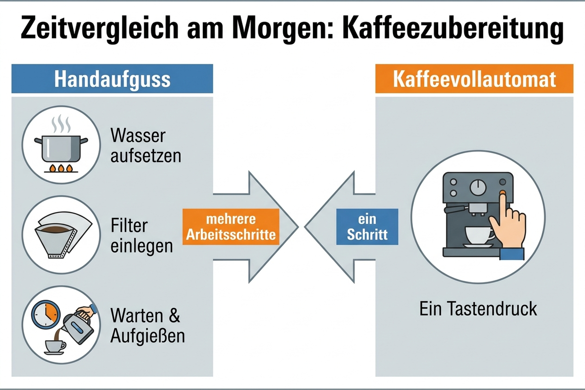 Infografik: Zeitvergleich Handaufguss gegen Kaffeevollautomat am Morgen, von Wasser aufsetzen bis fertige Tasse