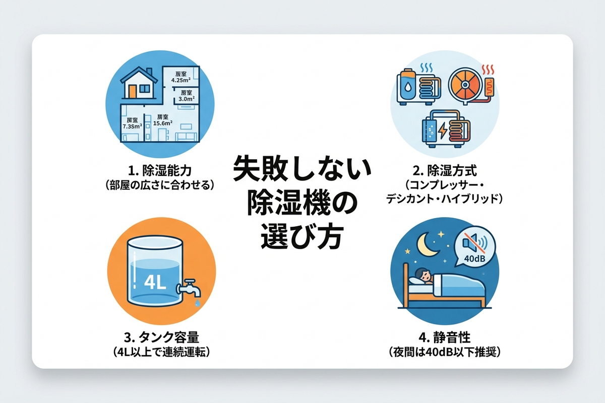 失敗しない除湿機の選び方を示すインフォグラフィック