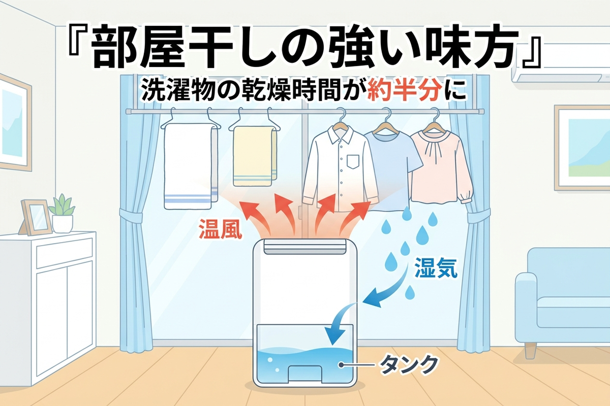 部屋干しの強い味方になる除湿機のイラスト