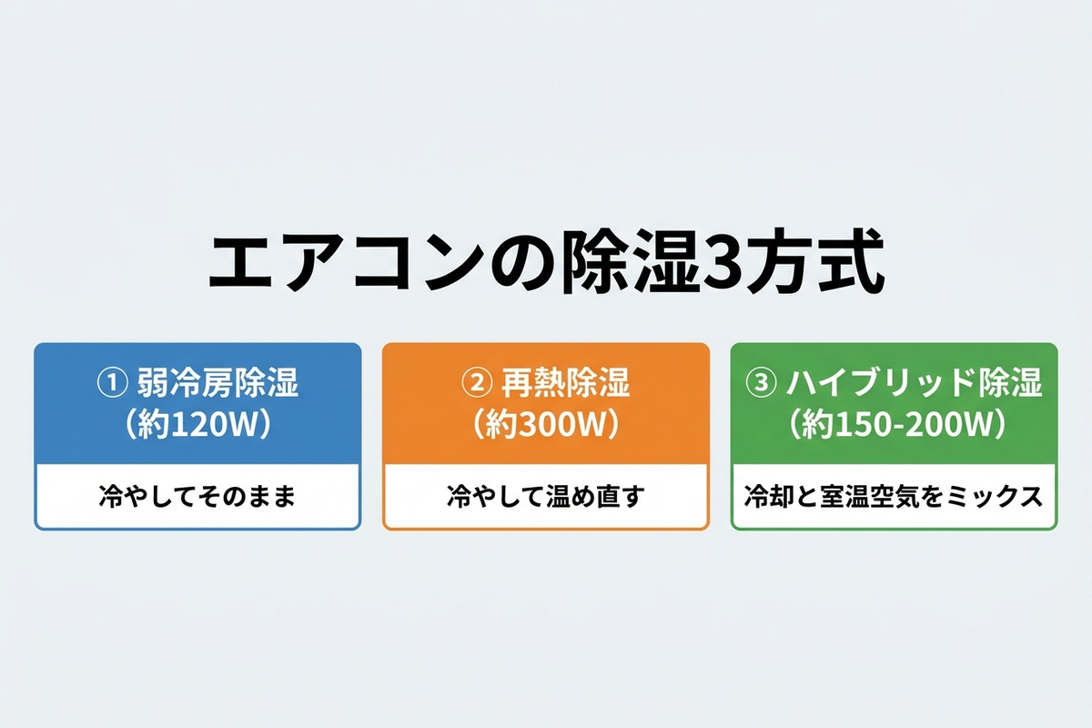 エアコンの除湿モード3種類を比較する日本語の図解