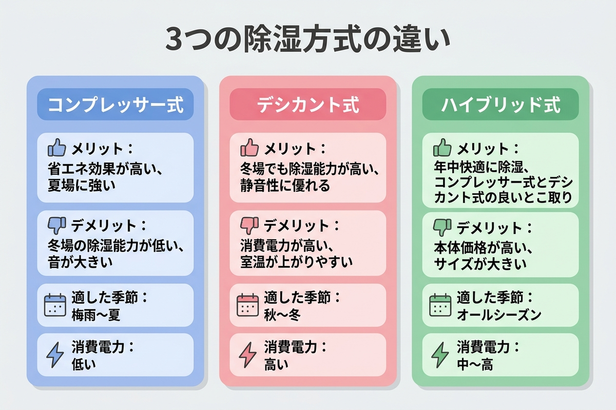 3つの除湿方式の違いを示すインフォグラフィック