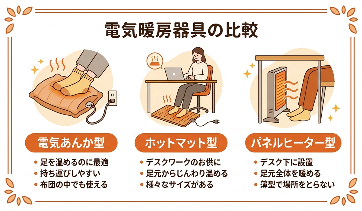 電気あんか型・ホットマット型・パネルヒーター型の比較図