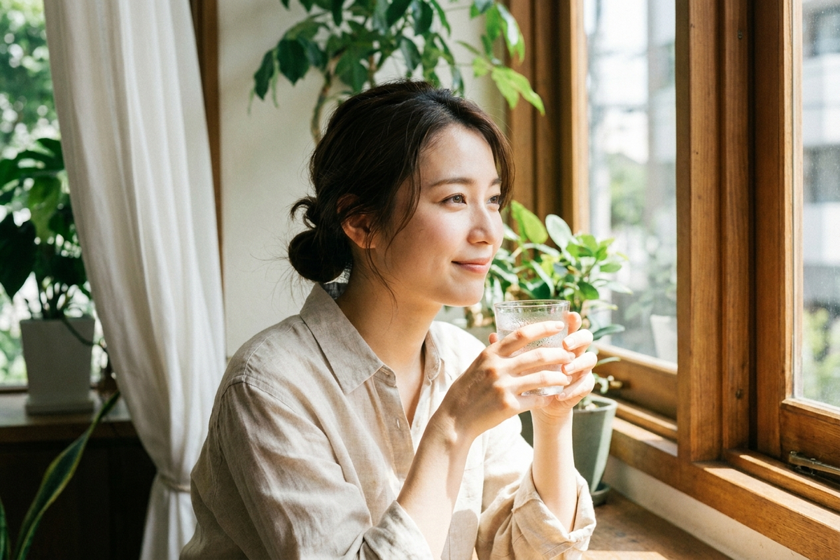 夏の日差しの中でハーブを手にする若い日本人女性