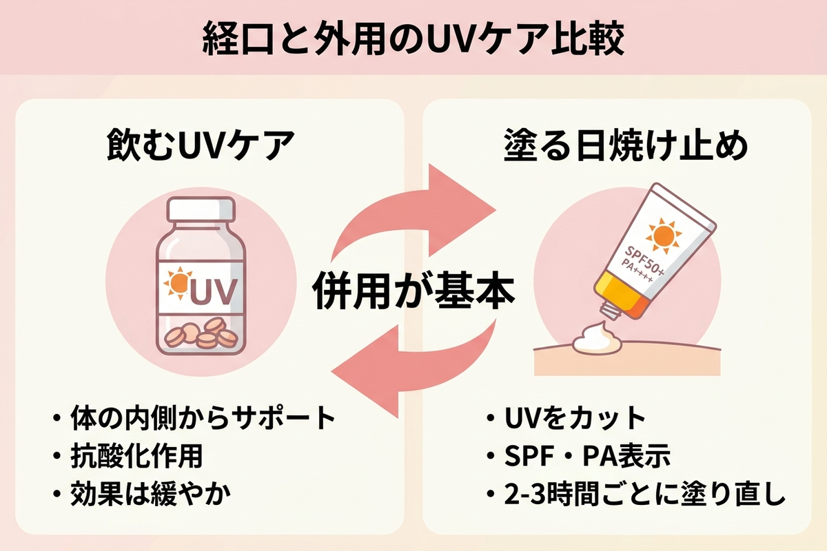 飲むUVケアと塗る日焼け止めの比較インフォグラフィック