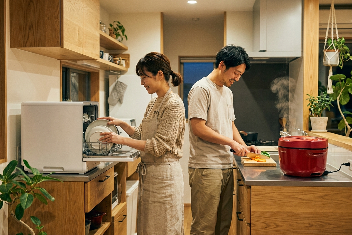 共働き夫婦が時短家電のあるキッチンでくつろぐ様子