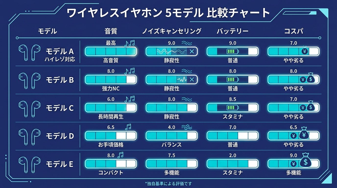 ワイヤレスイヤホン比較チャート
