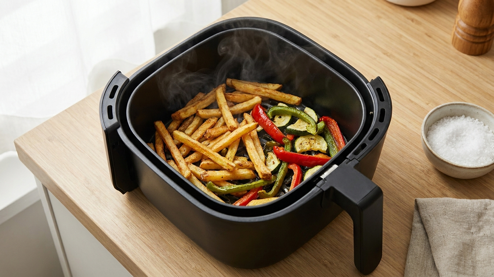 Golden-brown french fries and vegetables in an air fryer basket on a kitchen counter, steam rising, no text or labels visible