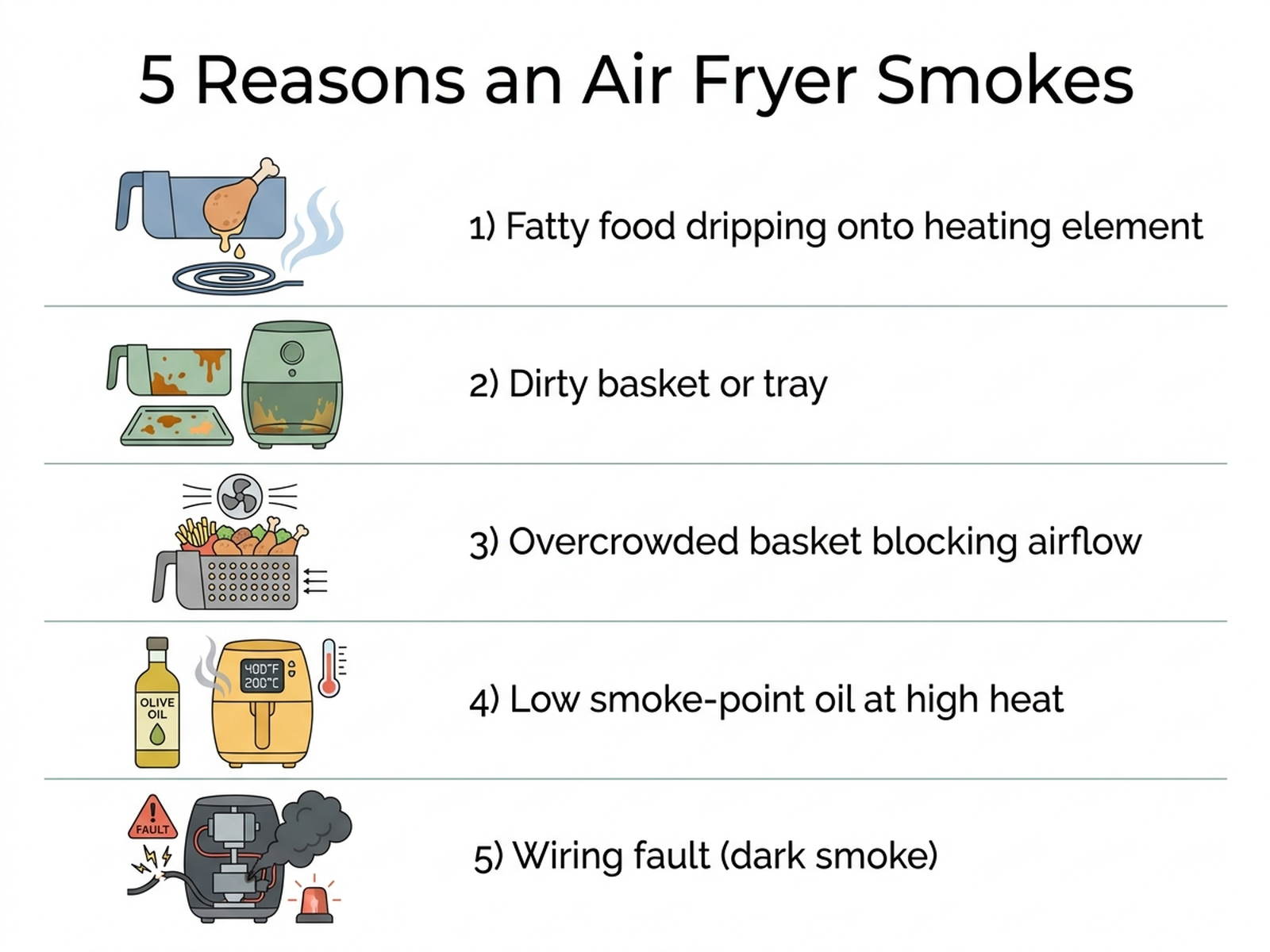 Flat infographic showing five reasons an air fryer smokes: fatty food dripping onto the heating element, a dirty basket or tray from a previous cook, an overcrowded basket blocking airflow, oil with a low smoke point, and a wiring fault causing dark smoke