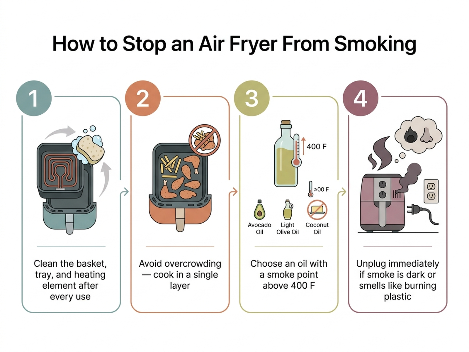 Flat how-to diagram showing four steps to fix an air fryer smoking: clean the basket, tray, and heating element after every use, avoid stacking or overcrowding food, choose an oil with a high smoke point above 400 degrees Fahrenheit, and unplug immediately if smoke is dark or smells like burning plastic