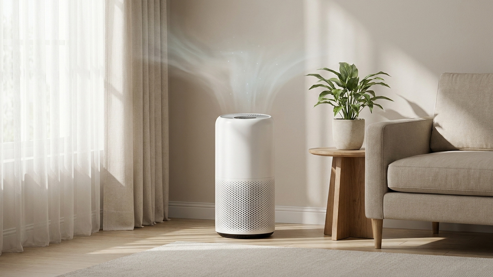 A modern white air purifier running in a softly lit living room corner, no people, neutral daylight