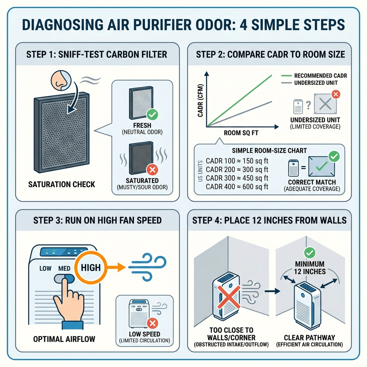 Flat diagram showing how to diagnose an air purifier odor problem: carbon filter sniff test, CADR vs room square footage comparison, fan speed, and placement distance from walls