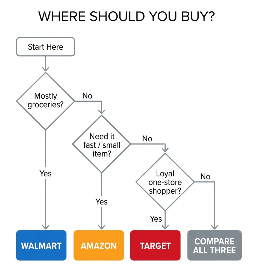 Flowchart guiding the reader to Amazon, Walmart, or Target based on cart type and membership