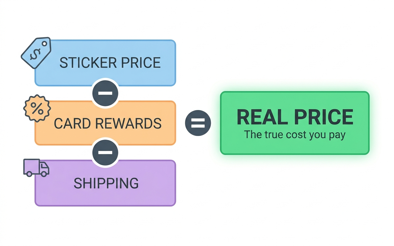 Diagram showing how to calculate real price by subtracting rewards and shipping from the sticker price