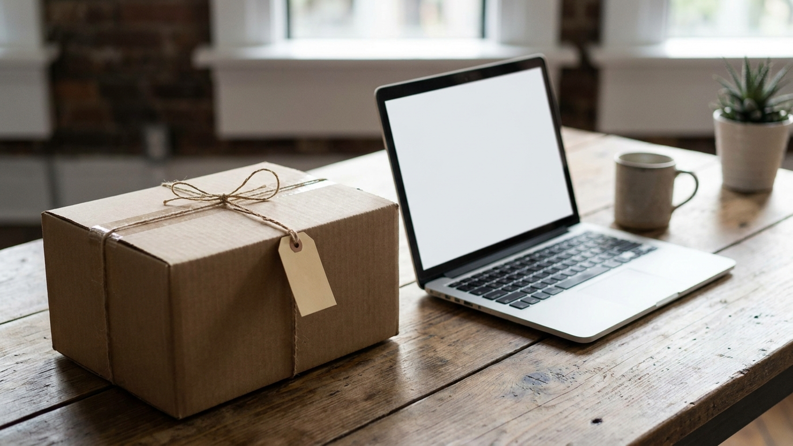 A cardboard shipping box with a discount tag next to an open laptop on a kitchen table, soft daylight, no visible text or logos