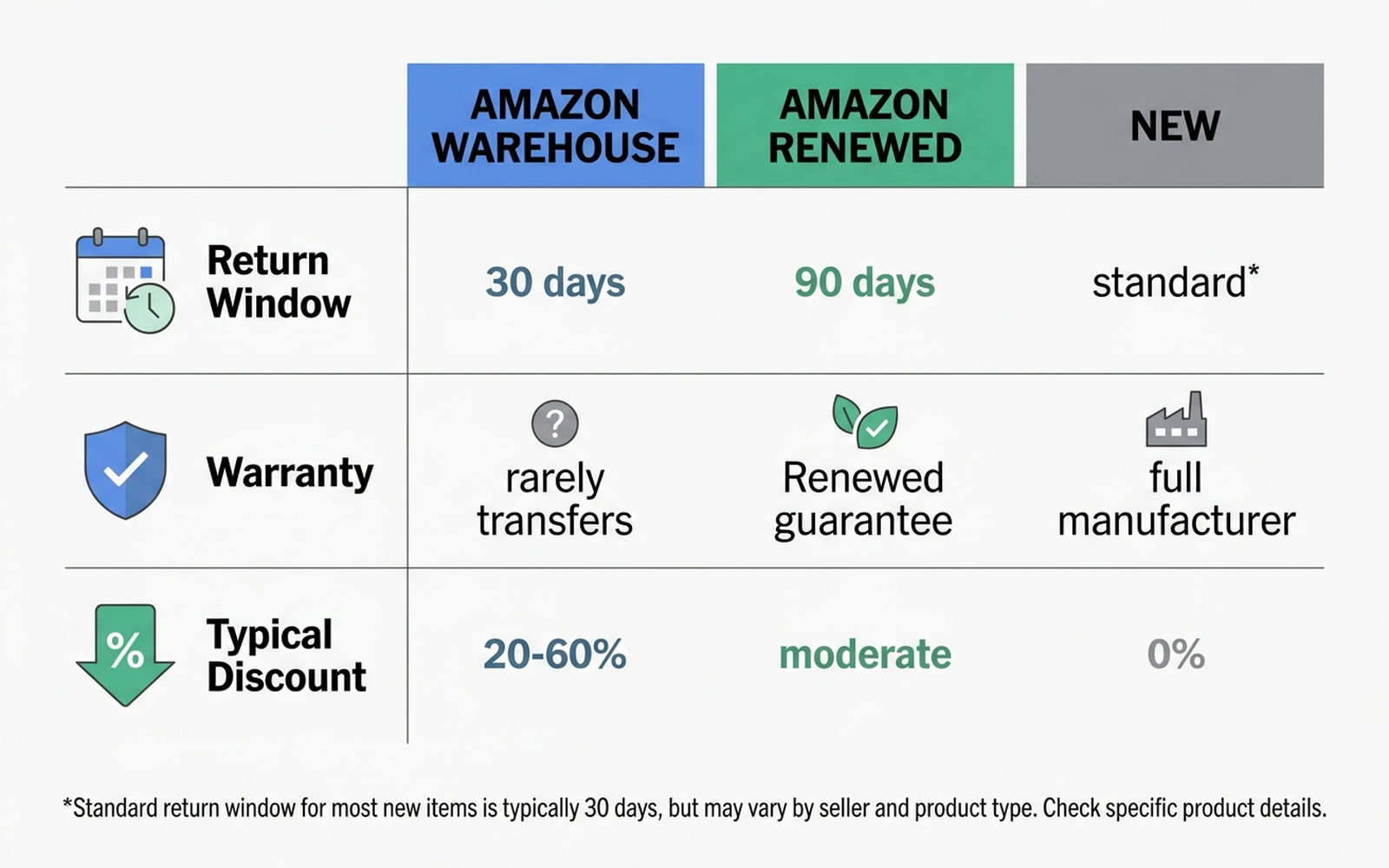 Comparison table graphic showing Amazon Warehouse, Amazon Renewed, and New side by side across condition source, return window, warranty, and typical discount range