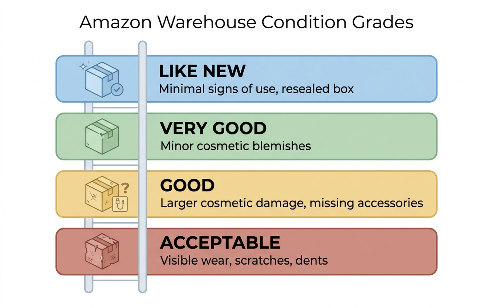 Infographic showing four Amazon Warehouse condition grades in a vertical ladder: Like New with minimal signs of use, Very Good with minor cosmetic blemishes, Good with larger cosmetic damage or missing accessories, and Acceptable with noticeable wear, each labeled with typical discount range