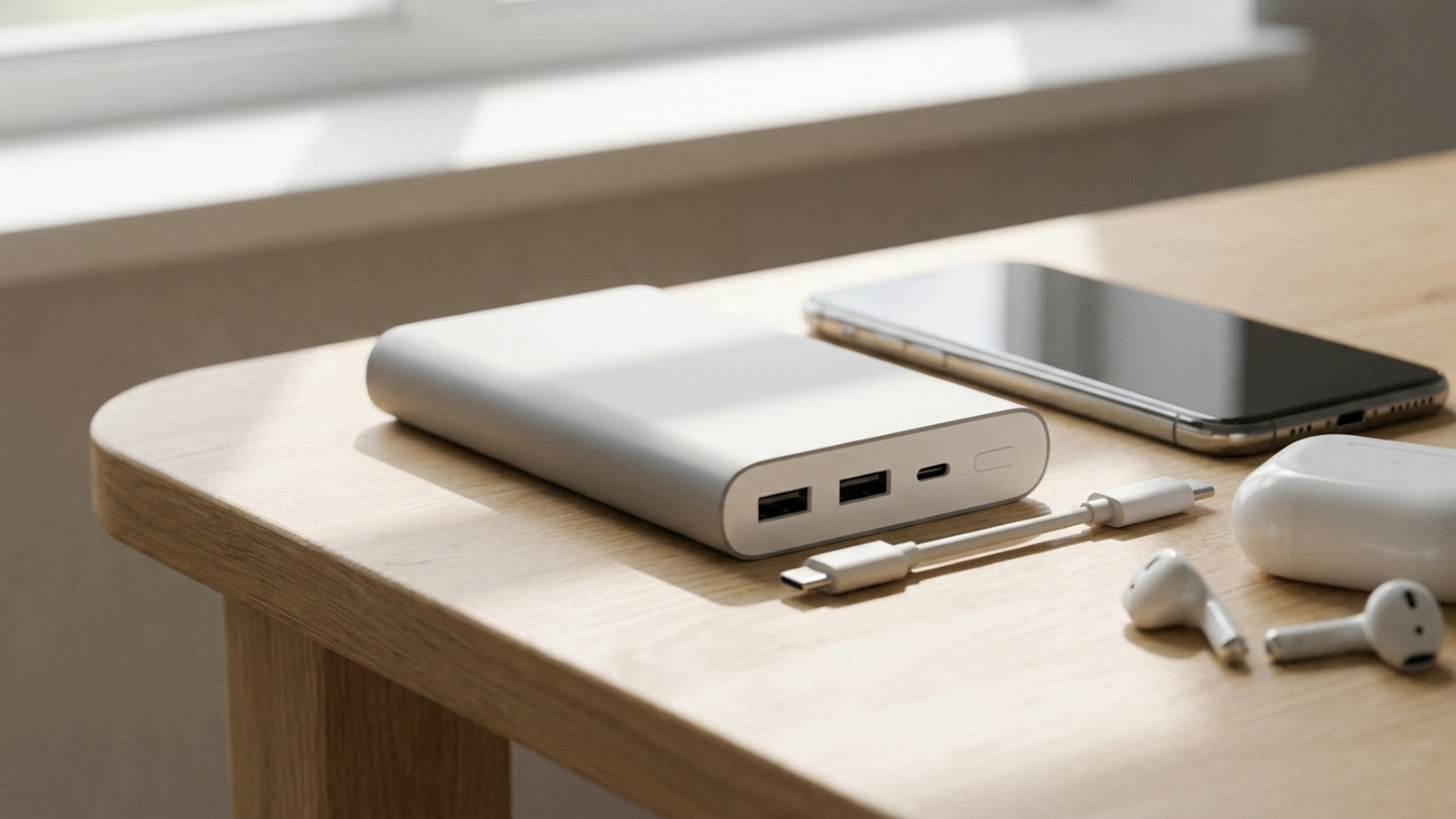 A sleek portable charger power bank with a USB-C cable resting on a wooden desk next to a smartphone and a pair of wireless earbuds