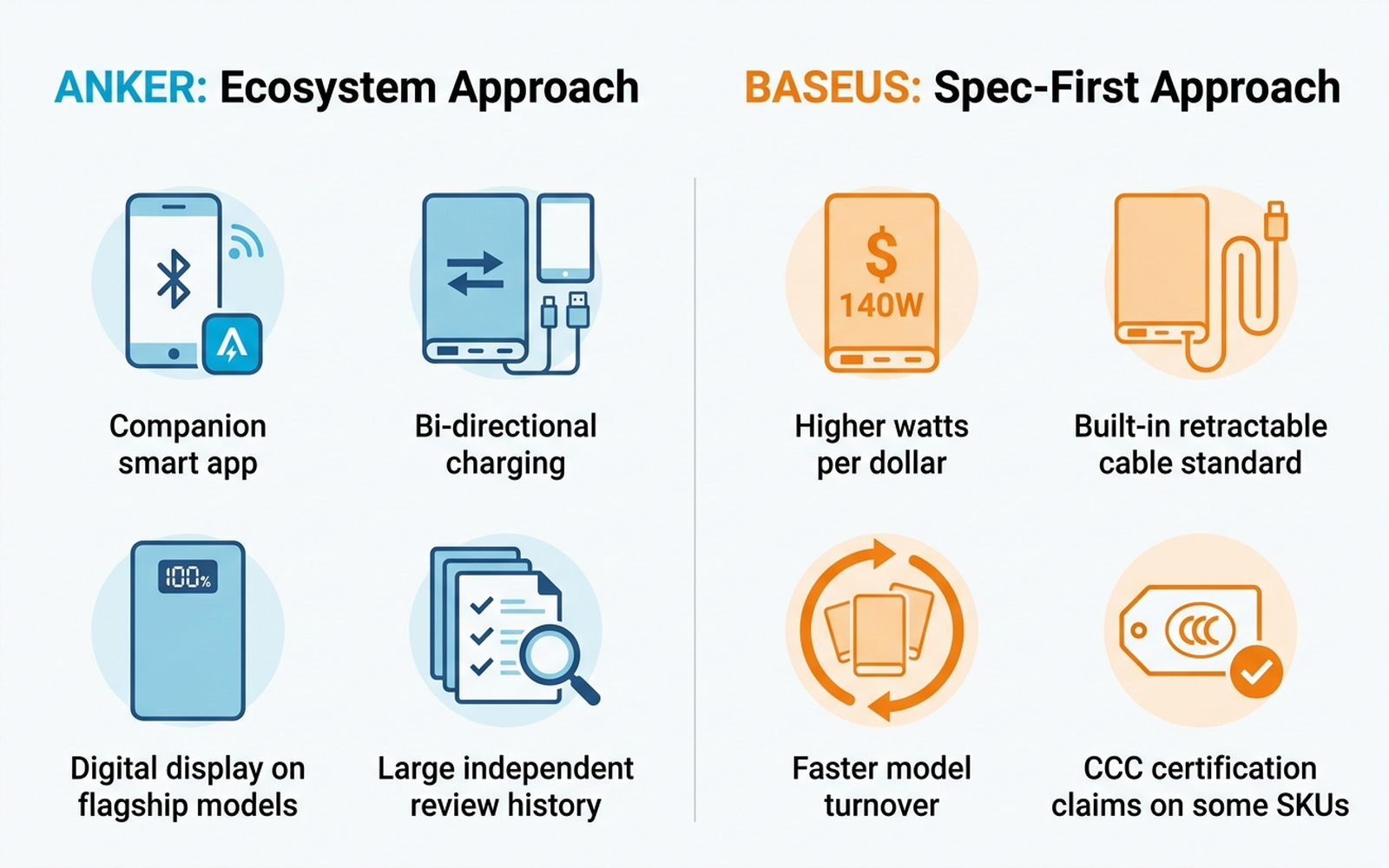 Infographic comparing Anker's approach of app-connected displays and a wide product ecosystem against Baseus's approach of higher wattage per dollar and built-in retractable cables