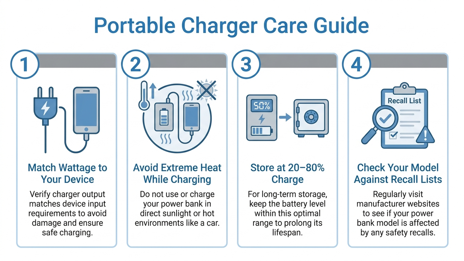 Infographic showing a four-step portable charger care guide: match wattage to your device, avoid extreme heat during charging, keep the bank between 20 and 80 percent charge for storage, and check your model number against recall lists