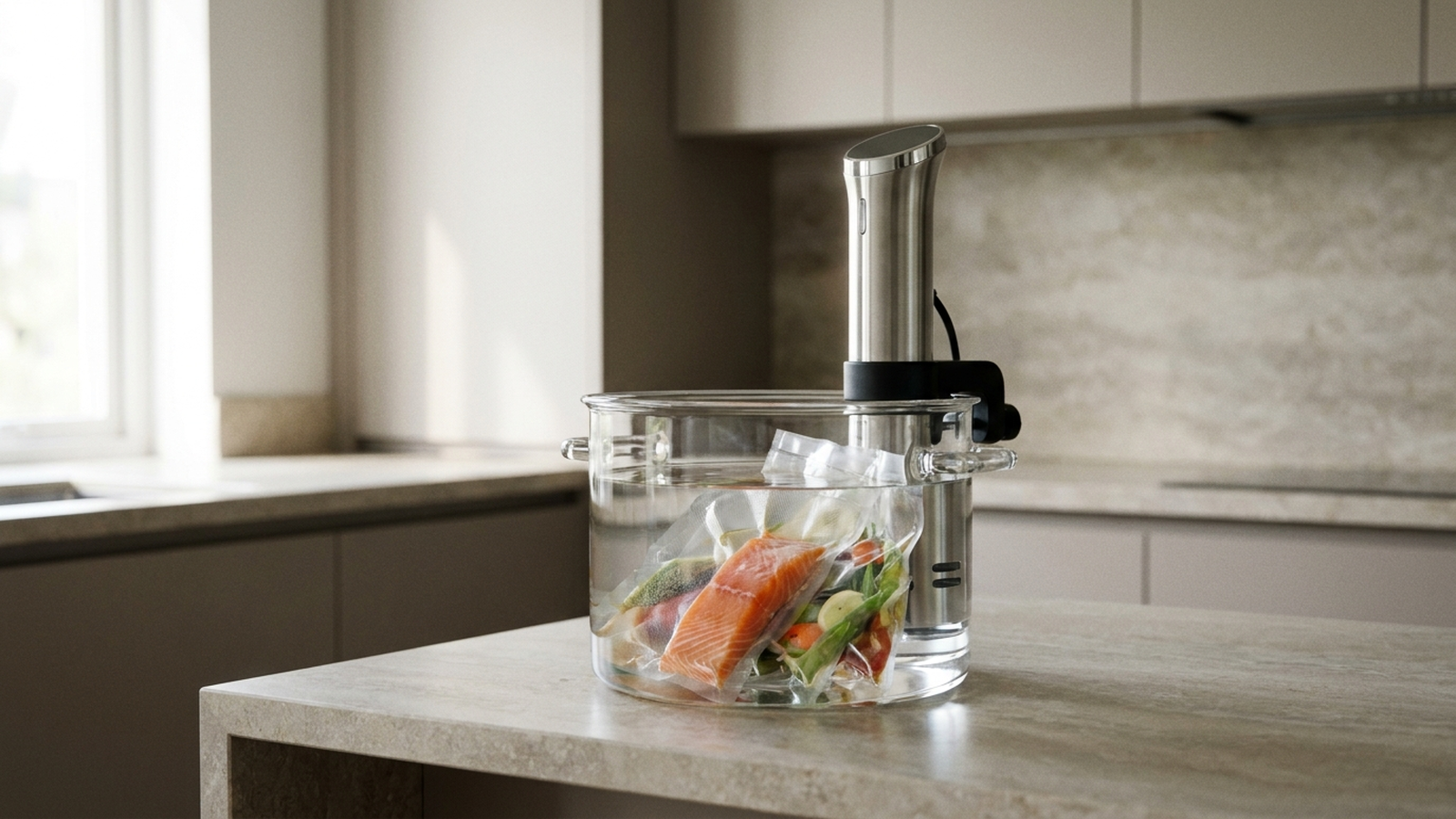 A stainless-steel immersion circulator clipped to a glass pot of water with vacuum-sealed food bags submerged inside, on a minimalist kitchen countertop