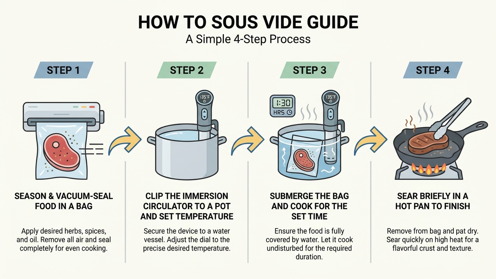 Flat infographic showing a 4-step guide to sous vide cooking: season and vacuum-seal food, clip the circulator to a pot and set temperature, submerge the bag and cook for the set time, then sear briefly in a hot pan to finish