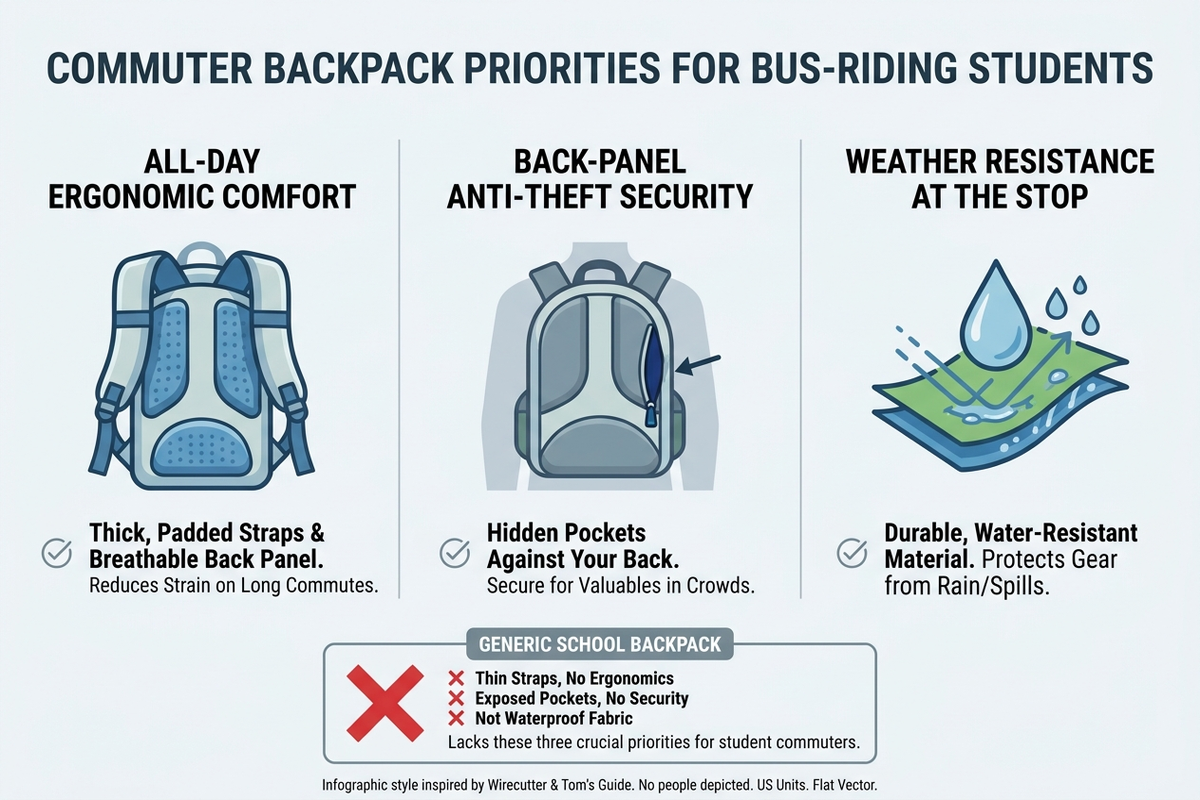 Infographic comparing three commuter backpack priorities — all-day ergonomic comfort, back-panel anti-theft security, and weather resistance for open-air bus stops — against a generic school backpack