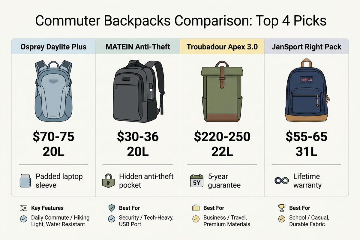 Comparison infographic of four commuter backpacks — Osprey Daylite Plus, MATEIN Anti-Theft, Troubadour Apex 3.0, and JanSport Right Pack — showing approximate price, capacity, and standout feature for each