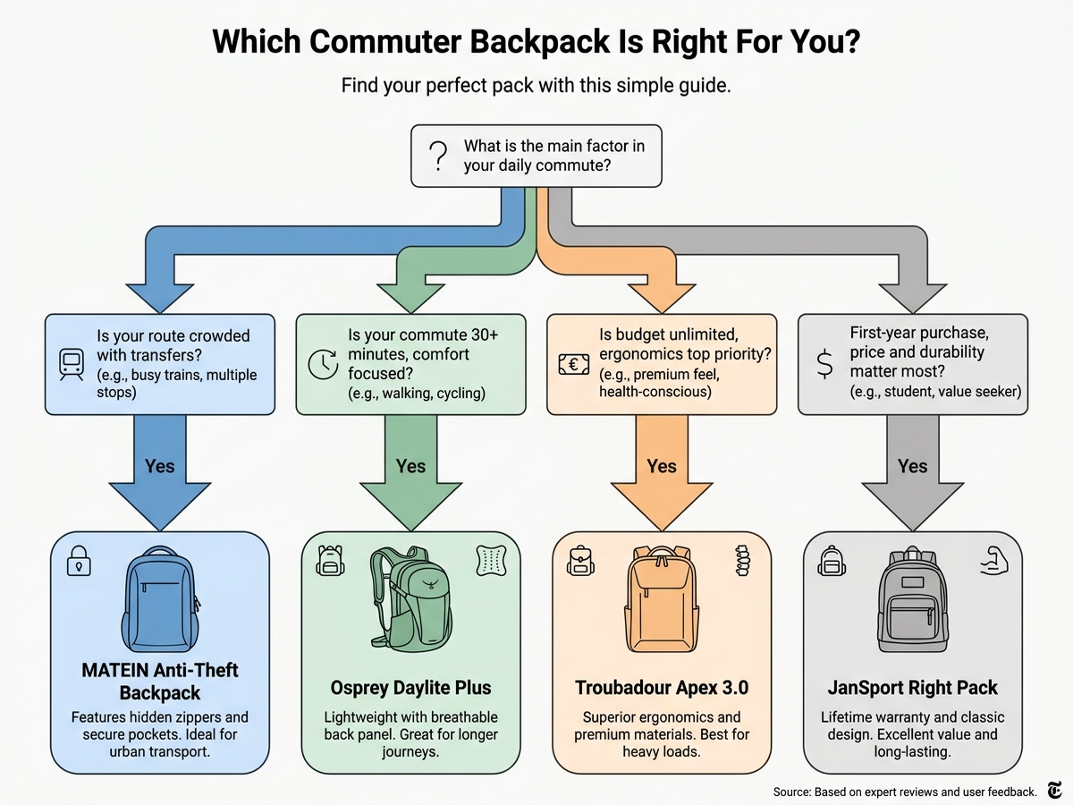 Decision flowchart titled Which commuter backpack is right for you, branching by route length, crowding level, and budget to Osprey Daylite Plus, MATEIN anti-theft, Troubadour Apex 3.0, or JanSport Right Pack