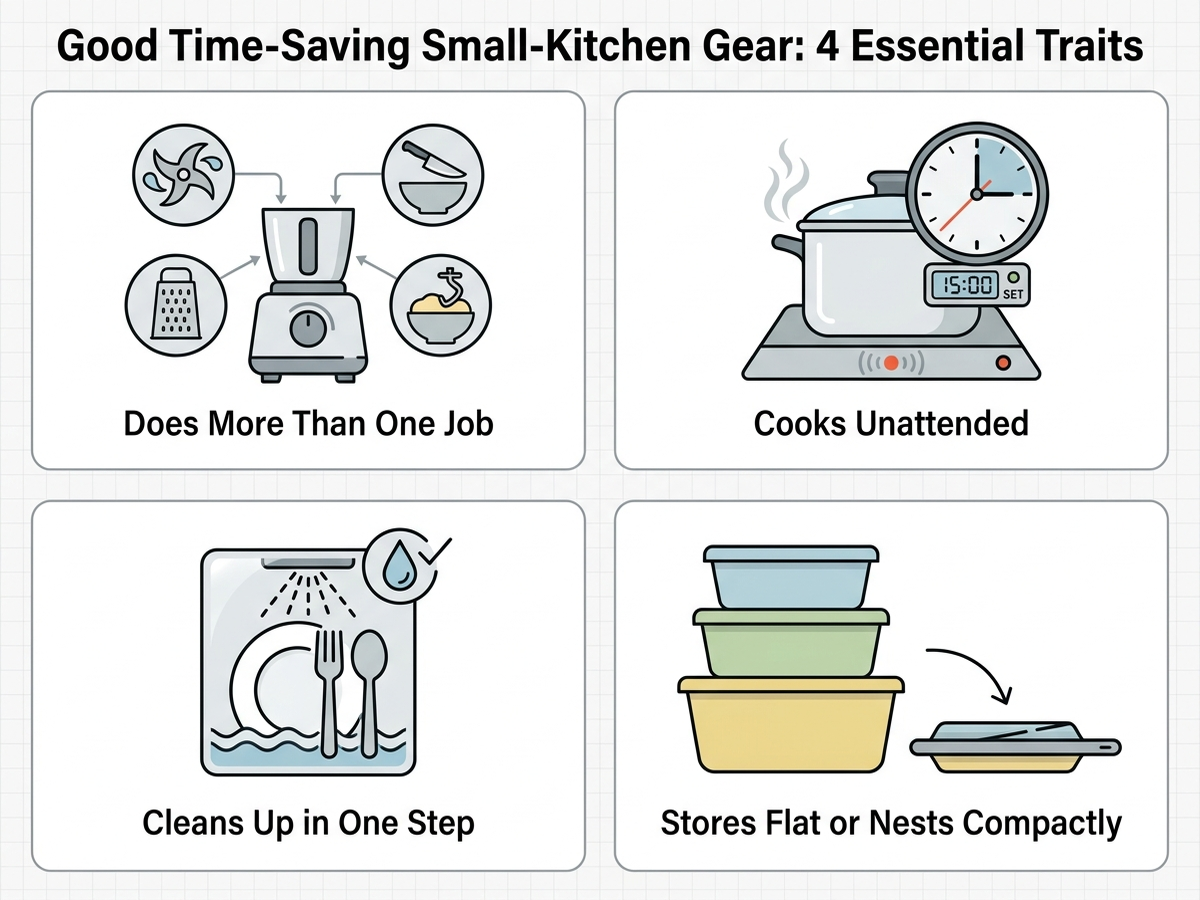 Infographic listing four traits of real time-saving kitchen gear for small spaces: does more than one job, cooks unattended, cleans up in one step, and stores flat or nests compactly