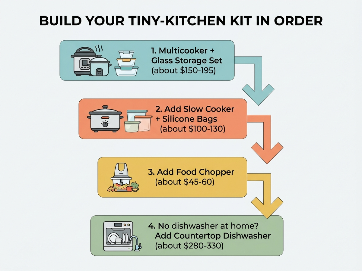 Decision flowchart titled Build Your Tiny-Kitchen Kit in Order, starting with the multicooker and glass storage set, adding the slow cooker and silicone bags for freezer meal prep, then the food chopper for daily prep, and the countertop dishwasher only if there is no built-in dishwasher