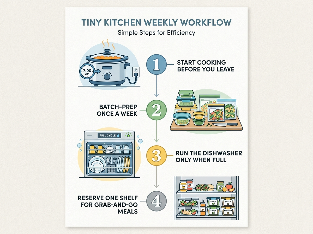 Infographic with weekly workflow tips for a tiny kitchen: run the multicooker or slow cooker before leaving, batch-fill glass containers and flat silicone bags on one weekend day, run the dishwasher only when full, and keep one shelf reserved for grab-and-go meals