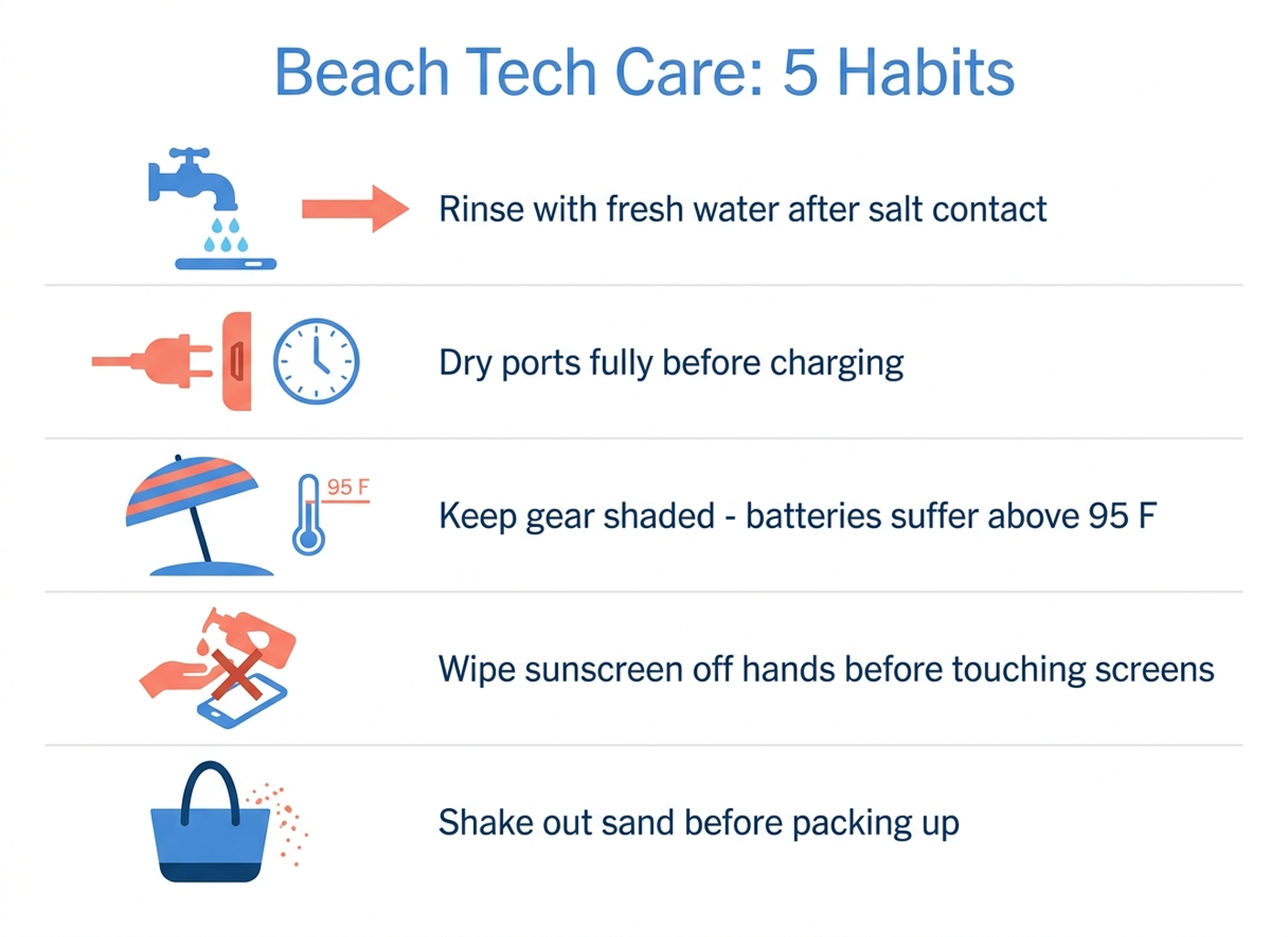 Infographic showing five beach tech care habits: rinse gear with fresh water after saltwater contact, dry ports fully before charging, keep devices shaded below 95 degrees Fahrenheit, wipe sunscreen off screens promptly, and shake out sand before packing up