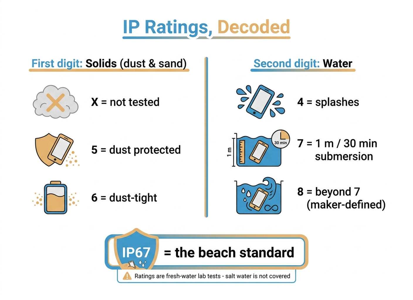 Infographic explaining IP ratings for beach tech: the first digit covers dust protection from X meaning untested to 6 meaning dust-tight, the second digit covers water from 4 splash resistant to 8 submersible, with IP67 flagged as the beach standard and a warning that ratings are fresh-water lab tests