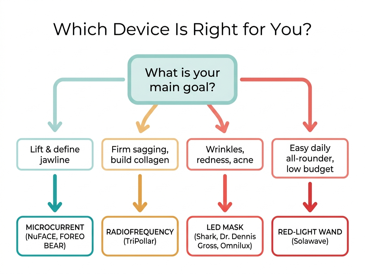 Decision flowchart for choosing the right at-home beauty device by goal