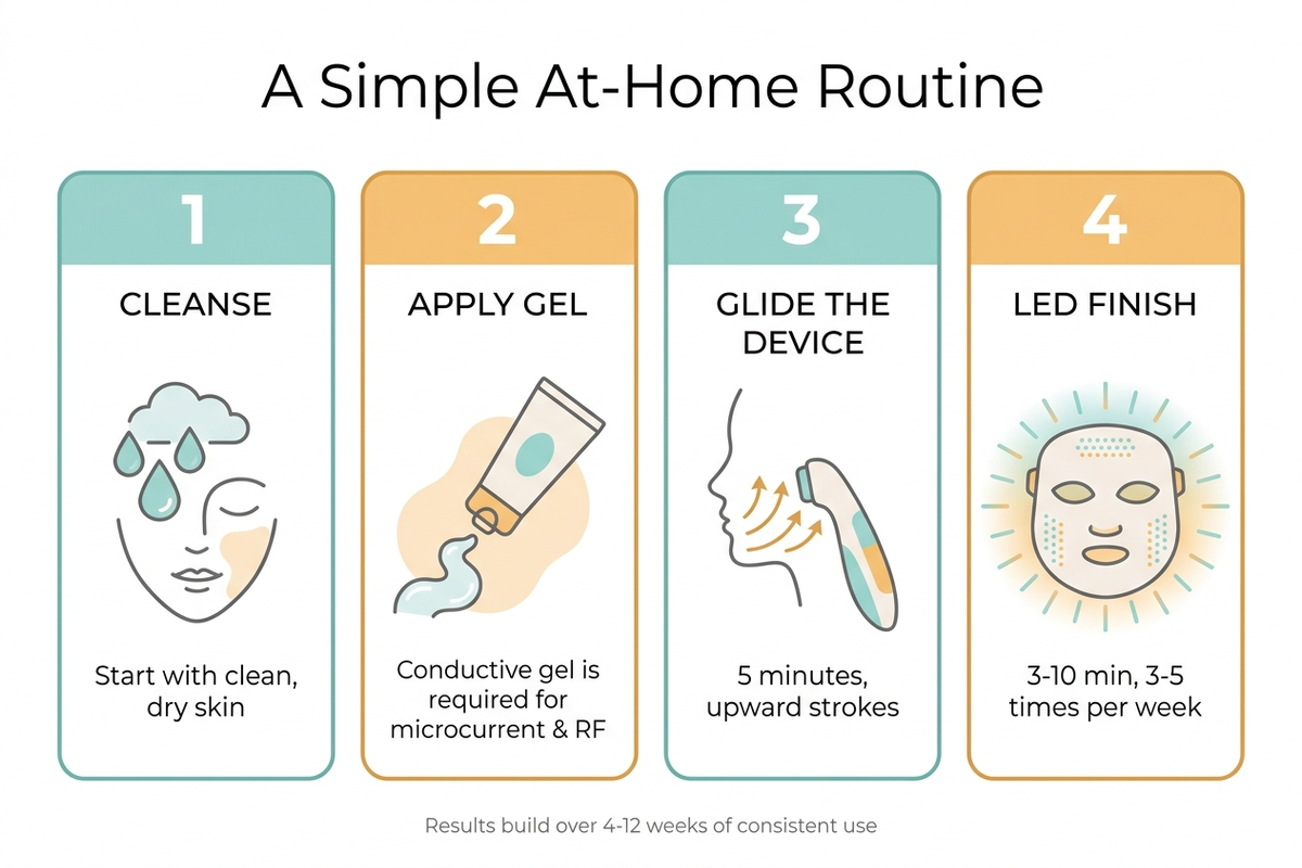 Infographic showing a simple four-step at-home beauty device routine