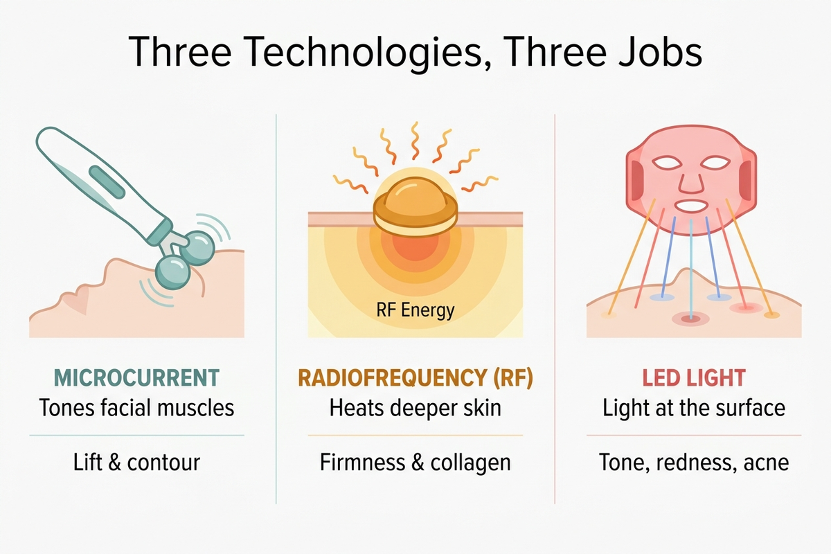 Infographic comparing microcurrent, radiofrequency, and LED light at-home skincare technologies