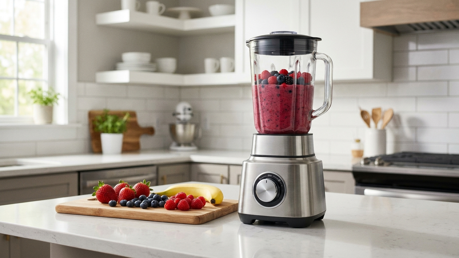 A stainless-steel countertop blender with a smoothie inside, sitting on a kitchen counter beside fresh fruit in natural daylight