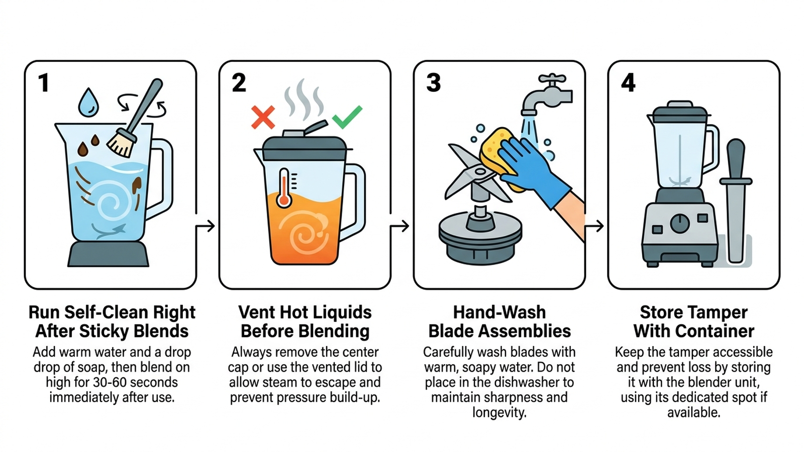 Diagram showing blender maintenance steps: self-clean cycle frequency, blade care, and container material tips