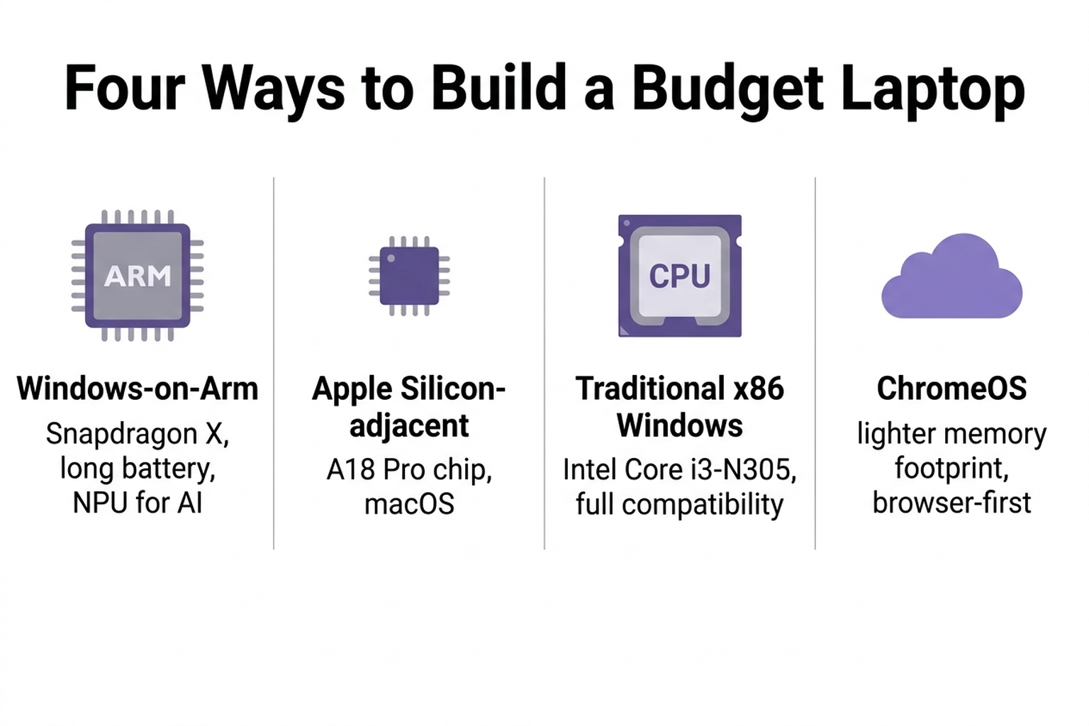 Infographic comparing Windows-on-Arm, Apple Silicon-adjacent, traditional x86 Windows, and ChromeOS approaches to budget laptops under $600