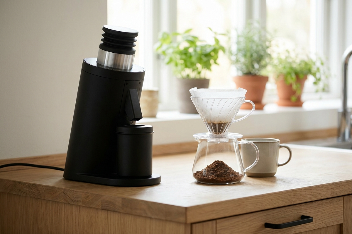 A conical burr coffee grinder beside a glass pour-over dripper and freshly ground coffee on a light wooden counter in soft natural light