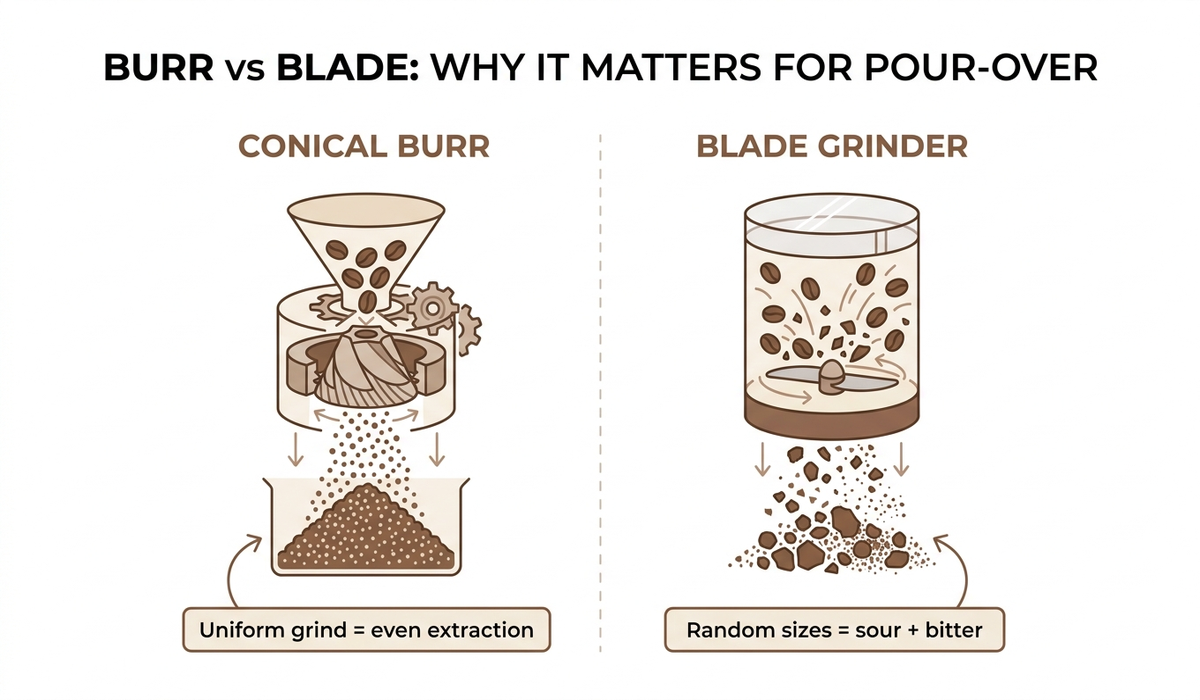 Infographic explaining conical burr grinding versus blade grinding, and how uniform particle size produces even extraction in pour-over coffee